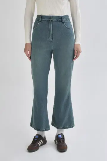 İspanyol Paça Denim Pantolon Yeşil Tintli - 1