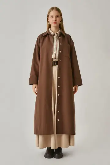 Düğmeli Uzun Trençkot Kahverengi - 1