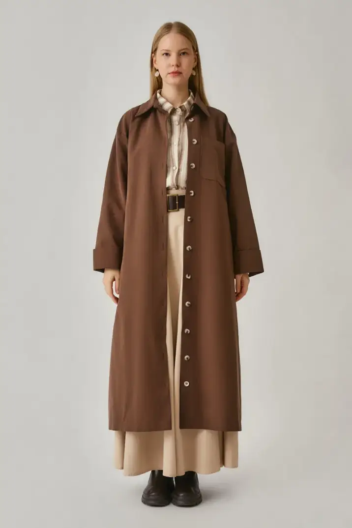 Düğmeli Uzun Trençkot Kahverengi