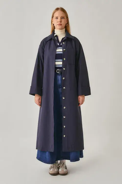 Düğmeli Uzun Trençkot Lacivert