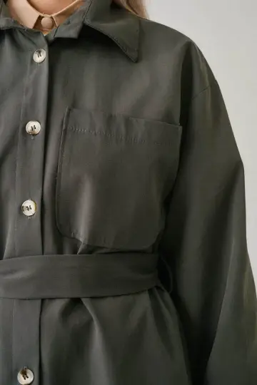 Düğmeli Uzun Trençkot Koyu Mürdüm - 4