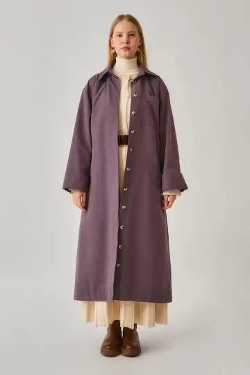 Düğmeli Uzun Trençkot Koyu Mürdüm - 1