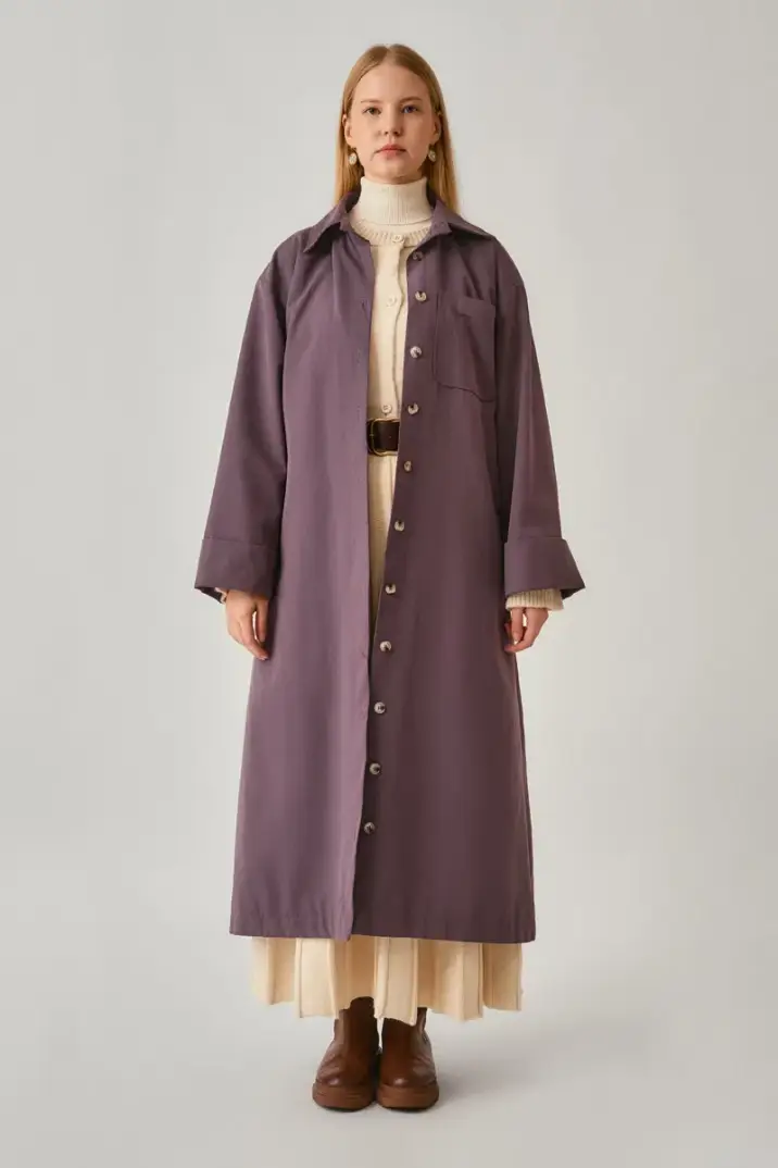 Düğmeli Uzun Trençkot Koyu Mürdüm