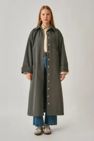 Düğmeli Uzun Trençkot Antrasit - 1